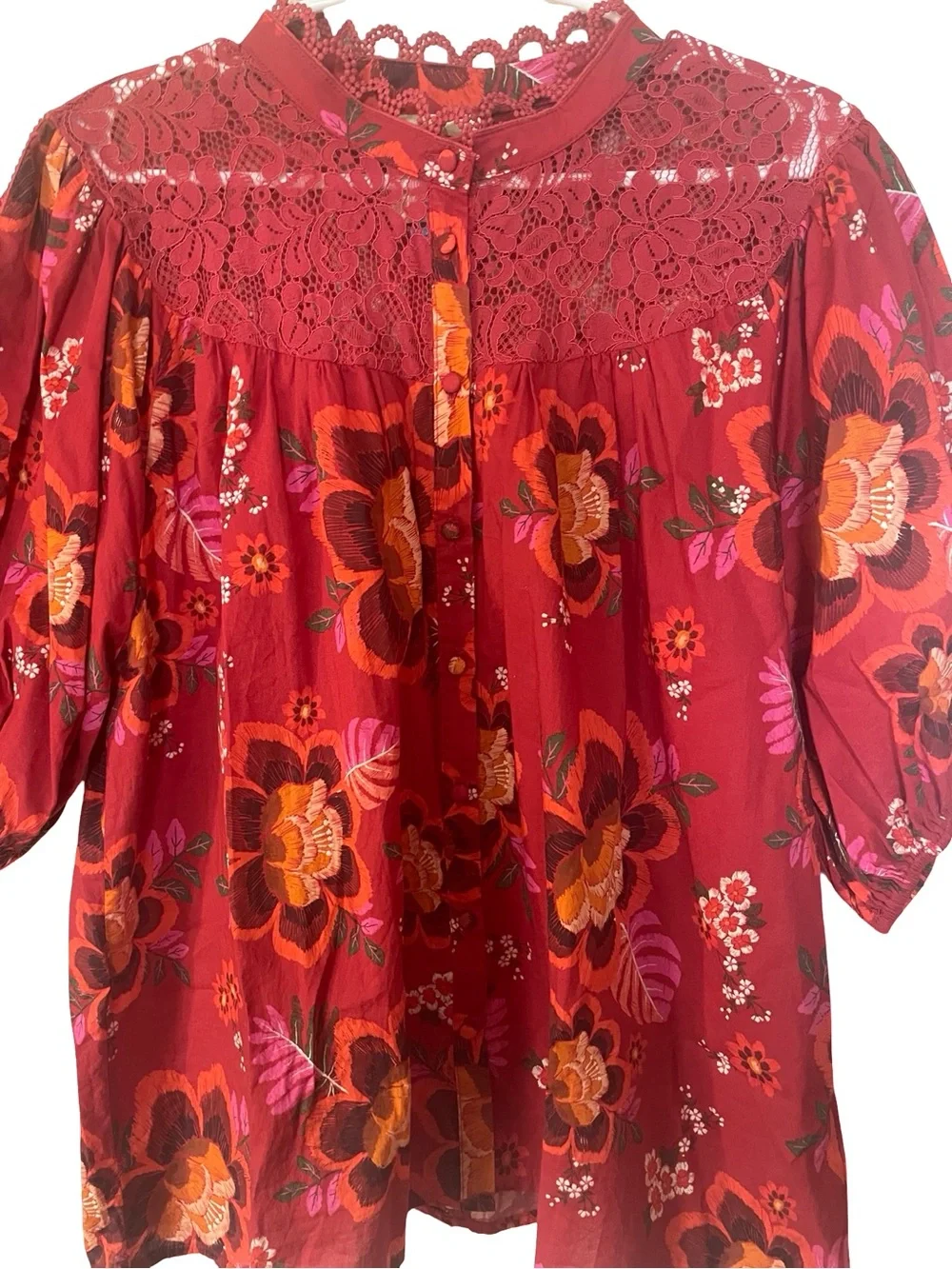 Anthropologie FARM Rio Giustina Lace Floral Cotton Blouse XL Red Puff Sleeve