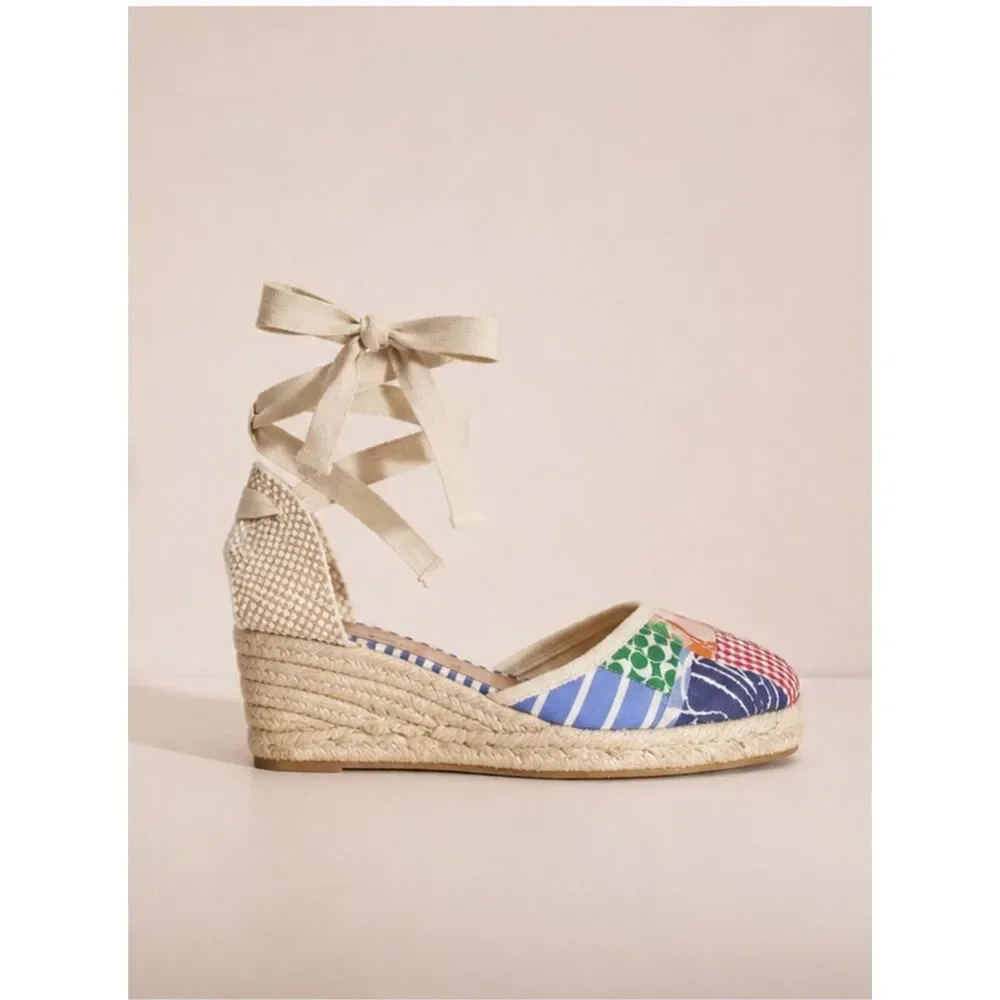Coach Patchwork Espadrille Wedges Multicolor Sz 7R Logo Floral Coastal Preppy