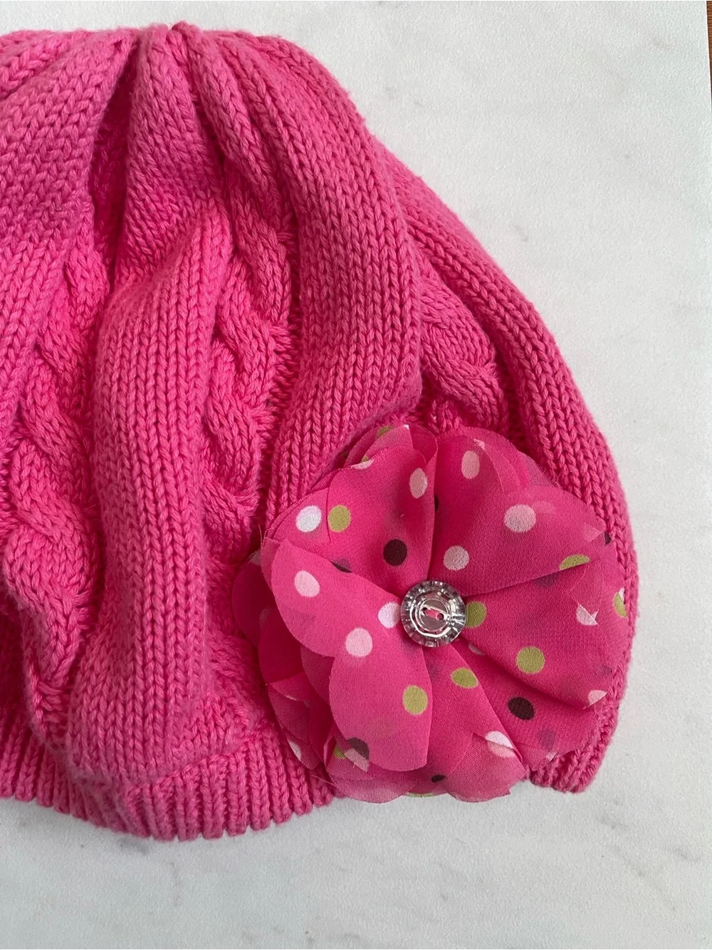 Gymboree Bright Pink Knit Beanie with Polka Dot Flower