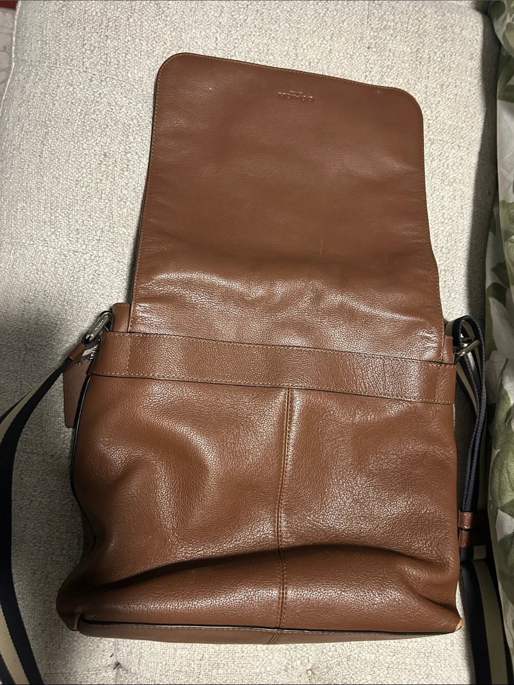 Coach Brown Leather Messenger Bag with Striped Strap