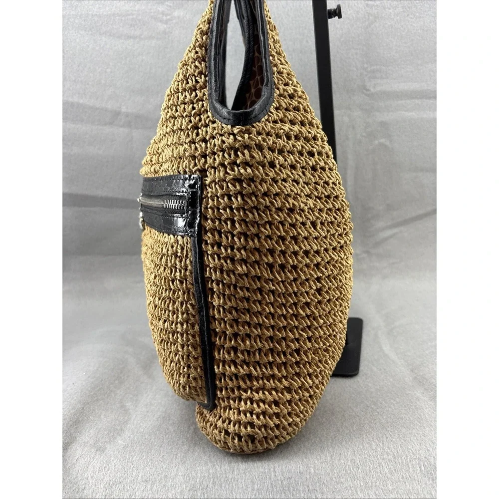 Brighton‎ Large Woven Straw Hobo Crossbody Zip Leather Trim Front Pockets EUC
