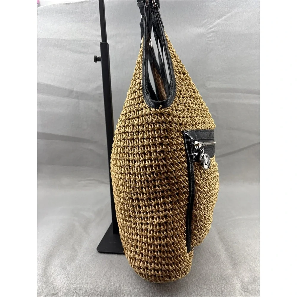 Brighton‎ Large Woven Straw Hobo Crossbody Zip Leather Trim Front Pockets EUC