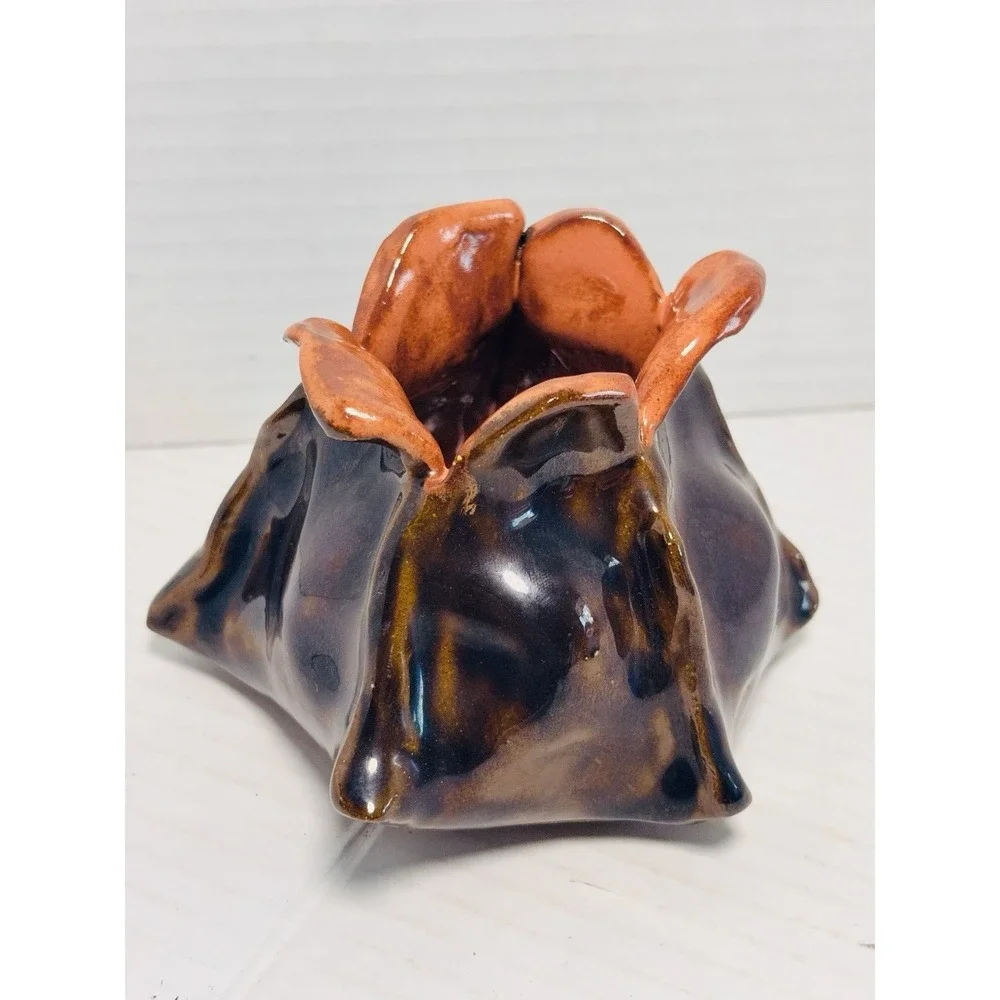 Vintage Evangeline Style Reactive Glaze Flower Petal‎ Pottery Vase Brown Orange