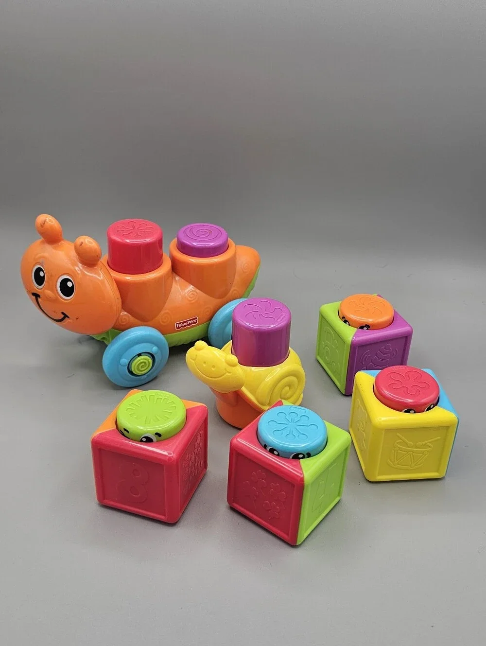 Fisher-Price Stack N Surprise Caterpillar Snail Block Lot Vtg Baby Peek A Boo