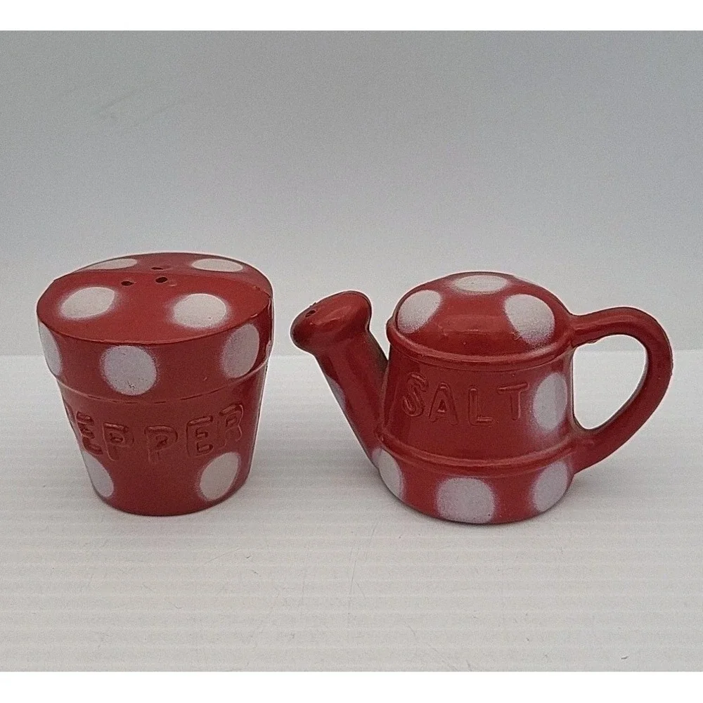 70s Red Polka Dot Plastic Watering Can & Flower Pot Shakers