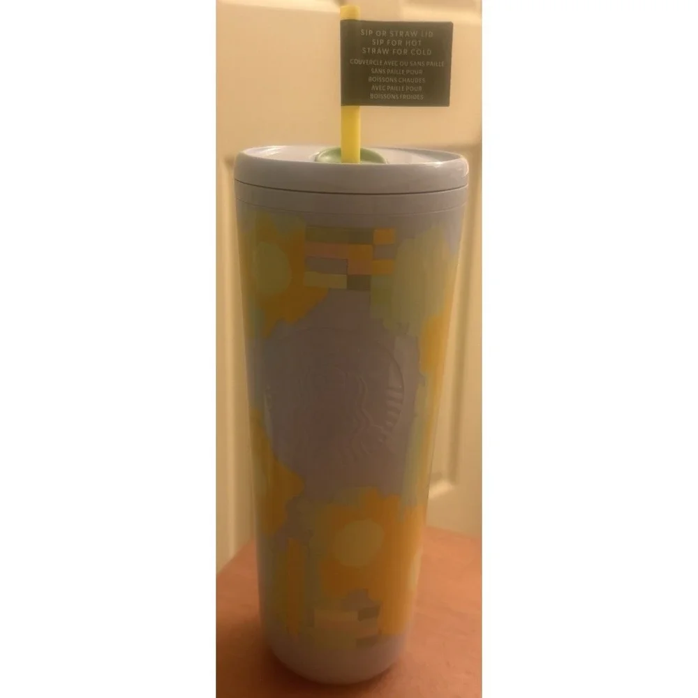 Starbucks Spring 2025 24 oz Cup Tumbler Pastel Blue Yellow Flower‎ Floral New