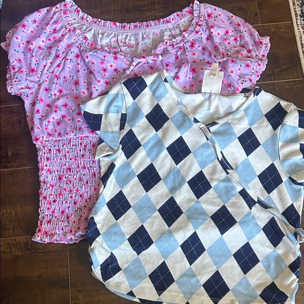 Girls Floral Smocked Pink top & Blue Argyle  Top - 2-Pack