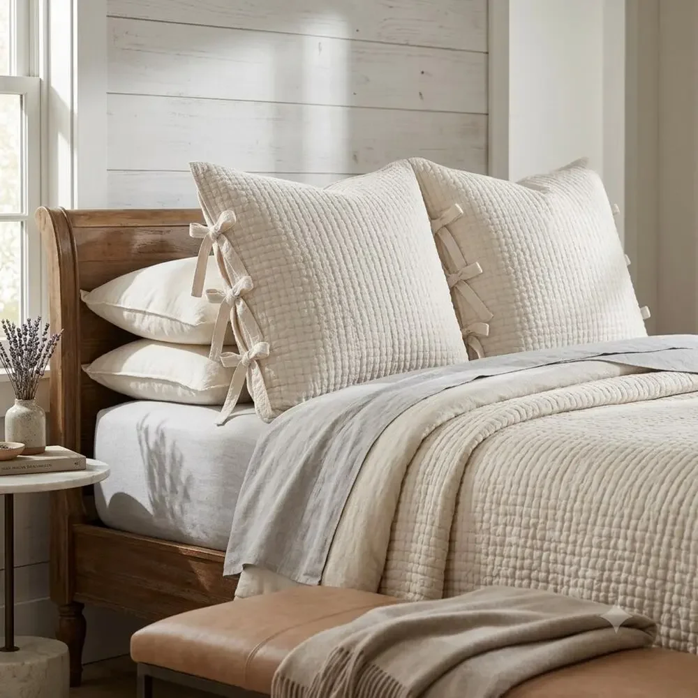 Pottery Barn Euro Sham Pick Stitch Quilted Cotton Linen Minimalist Farmhouse 2pc