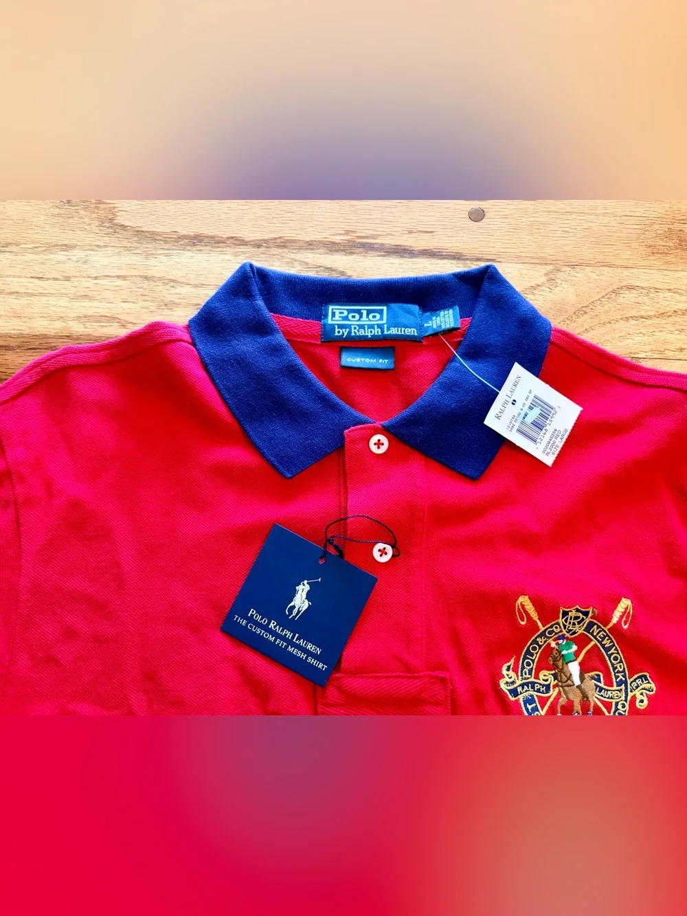 NWT Ralph Lauren Red Polo with Navy Contrast Collar and Crest. Custom Fit