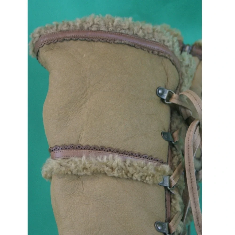 Cole Haan Tan Leather Shearling Lined Tall Lace Up Boots Zip Scalloped Trim W7.5