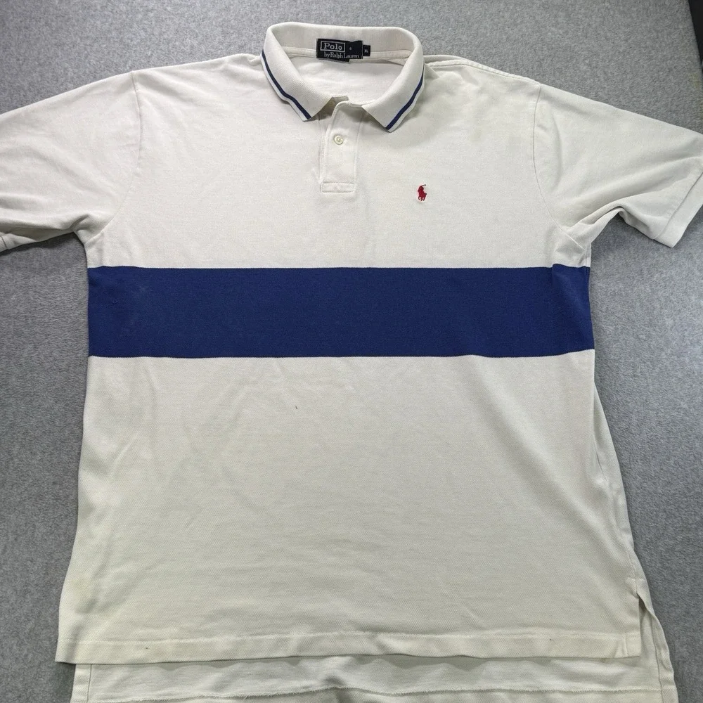 Y2K Polo by Ralph Lauren Colorblock Polo Shirt XL Cream‎ Navy Stripe Vintage
