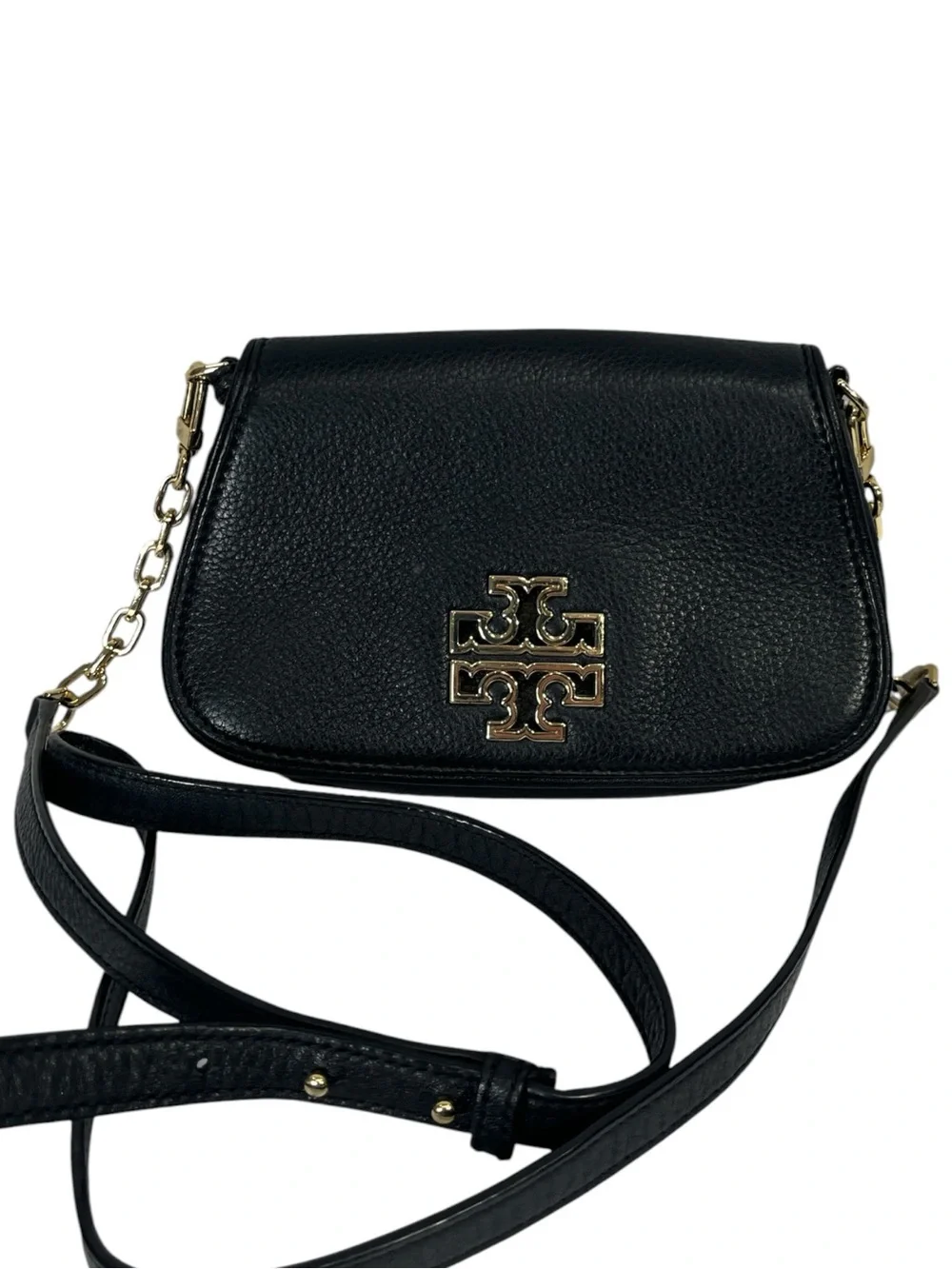 Tory Burch Britten Mini Pebbled Leather Crossbody Bag in Black / Gold
