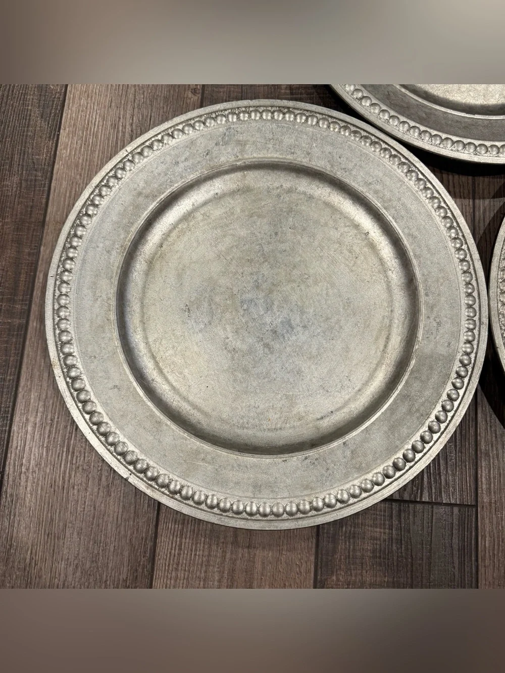 Set of 3 Pottery Barn Beaded Silver Gilt Charger Plates Pewter-Look