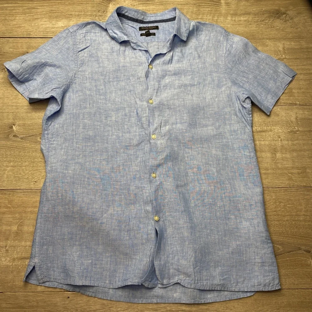 Banana Republic Shirt Camden Fit Mens Medium Blue 100% Linen Short Sleeve Summer