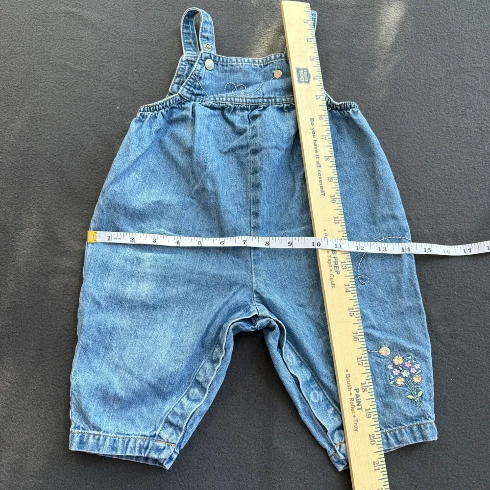 Vintage Carters Baby Girls Blue Denim Embroidered Floral Bumblebee Overalls 9M