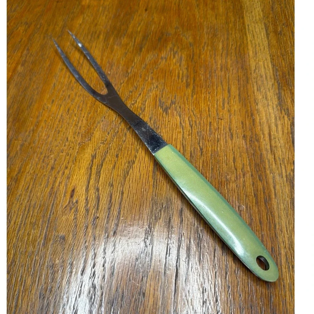 Vintage Sears Stainless Steel Meat Fork Green Handle Made in USA 2 Tine 8.75in