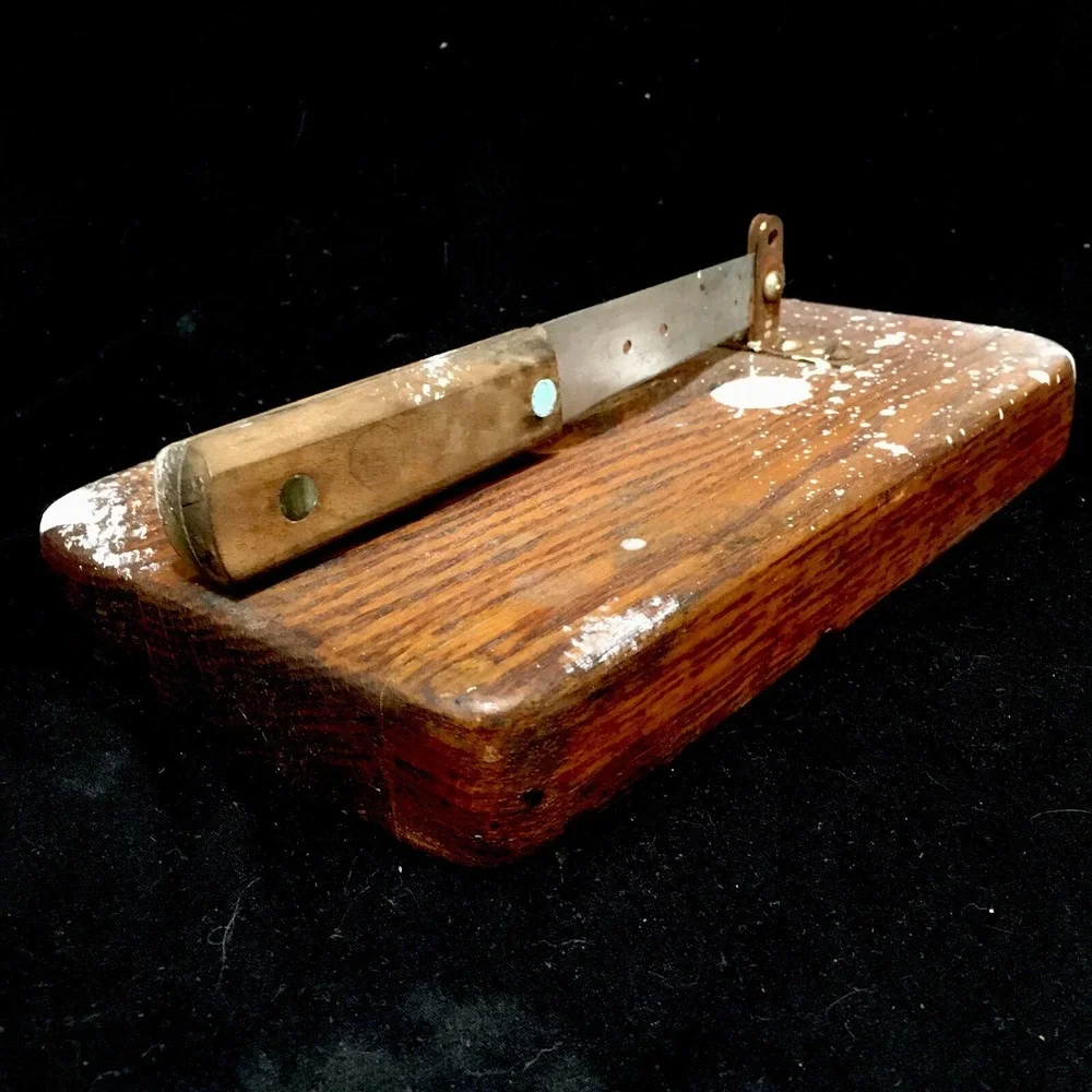 Primitive Vintage Guillotine Knife Cutter Slicer Tool Wood Base Handmade