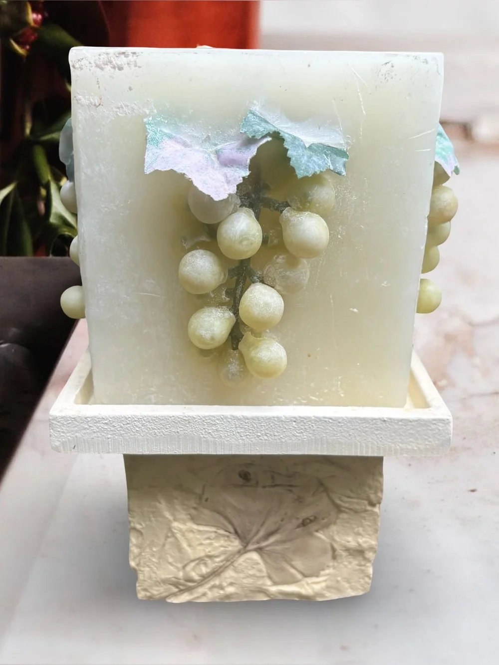 Luxury Estate Vintage Faux-Stone Pedestal & Grape Relief Art Candle Set