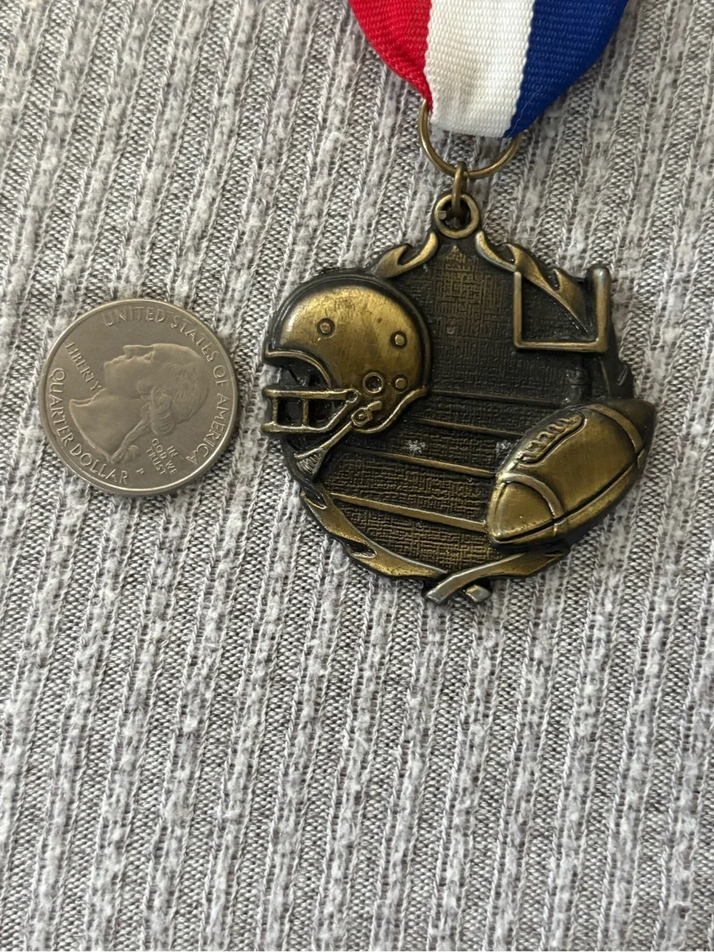 PDU marked bronze tone round football & helmet medal brooch w multicolor ribbon
