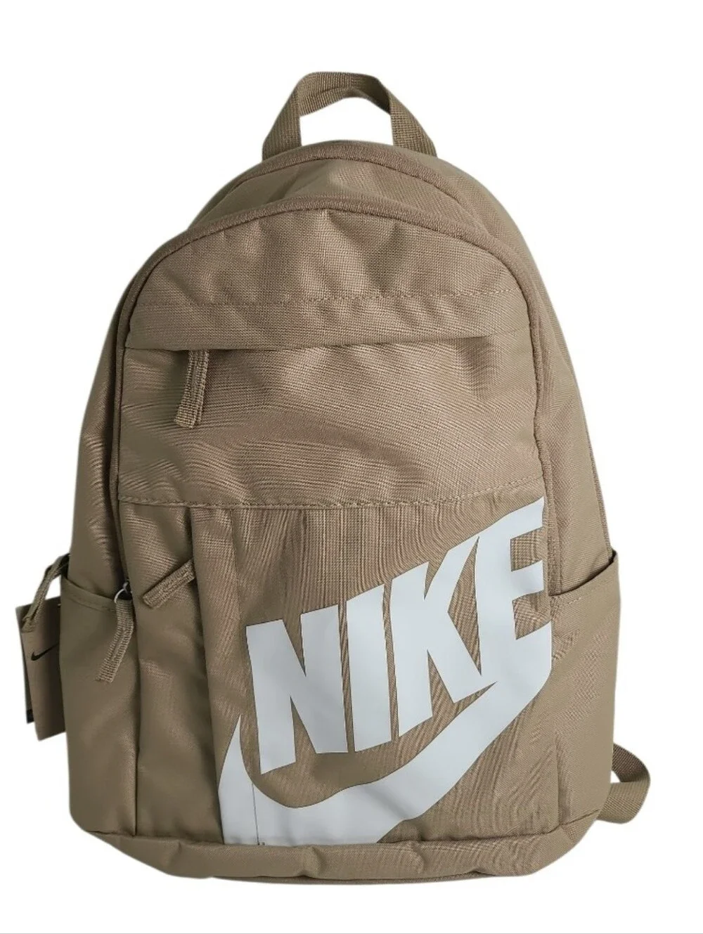 NWT NIKE Mulriple Zip Compartment Pockets Backpack Tan Beige with White Logo