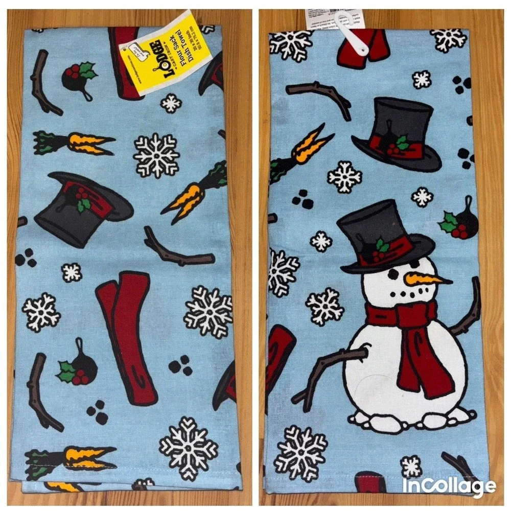 NWT LODGE CAST IRON Snowman Snowflake Flour Sack Dish Towel 20x30