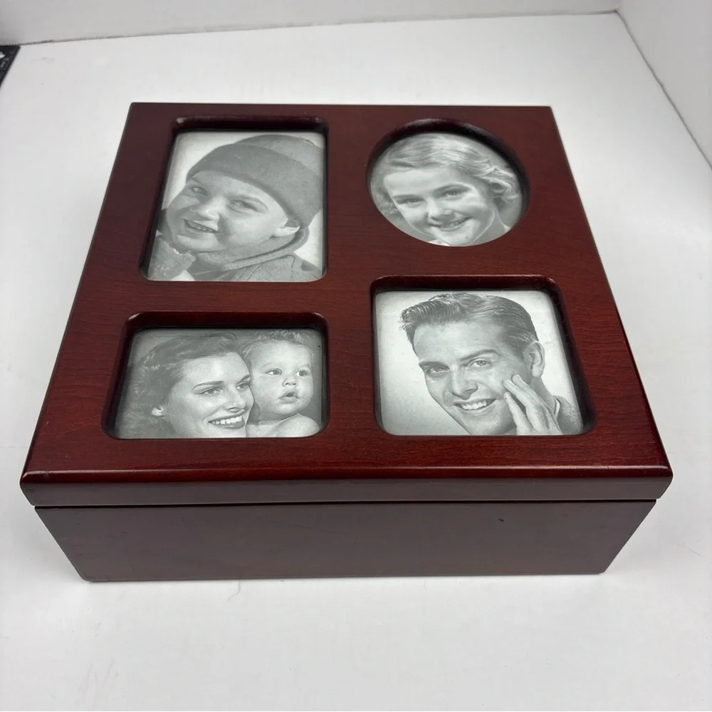 Photo Wood Box Glass Four Photo Lid Collectible Memory Keepsake Holder Storage