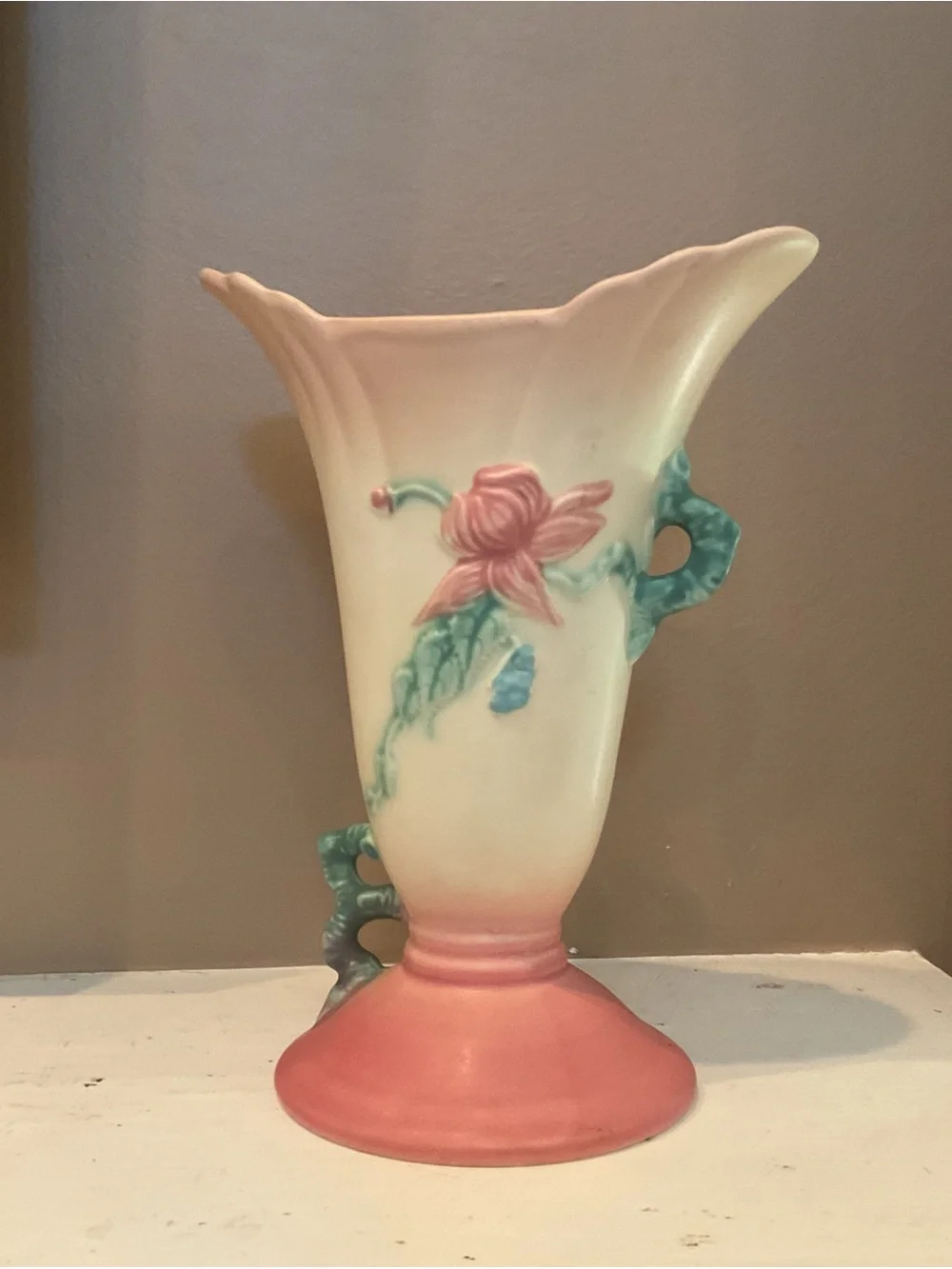 Vintage HULL pottery 1940s Pink and Cream Floral Ceramic Vase