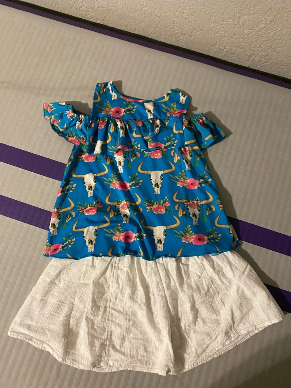 Blue Floral Boutique Cold-Shoulder Top with White Skirt