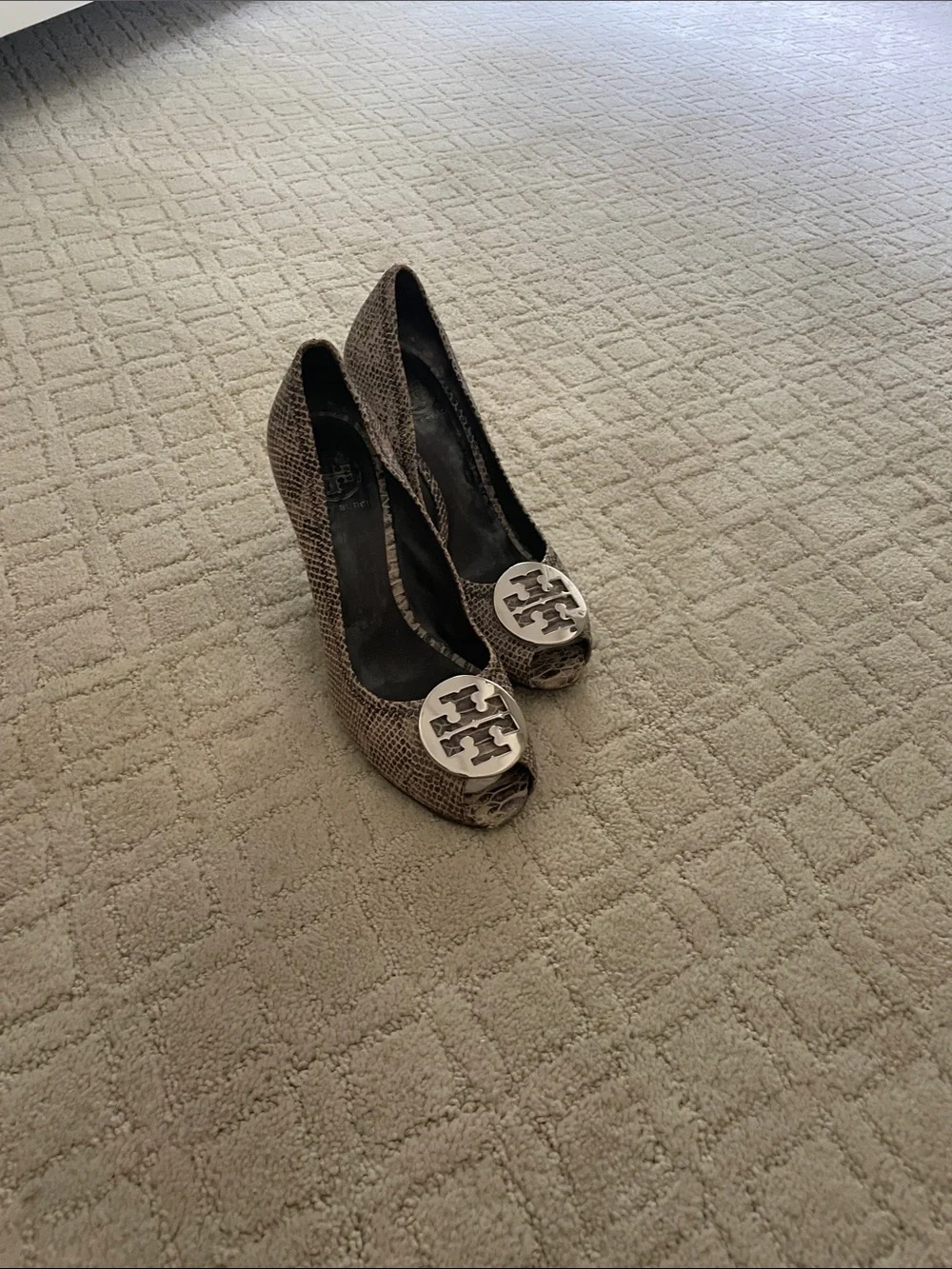 Tory Burch Snake-Embossed Peep-Toe Pumps with Silver Logo Medallions