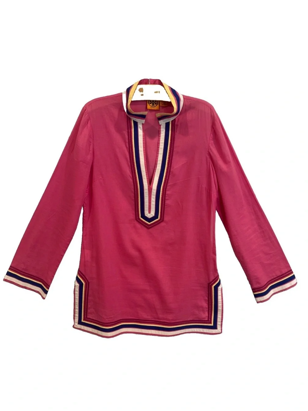 Tory Burch Pink Tunic Contrast Yellow White Blue Grossgrain Trim