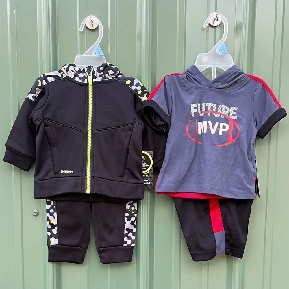 Boys Short Sleeve Hoodie Shorts Long Sleeve Zip Hoodie & Pants Bundle Size 3-6M