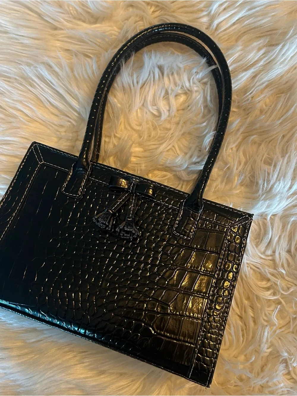 Y2K Liz Claiborne Black Croc-Embossed Patent Tote Handbag