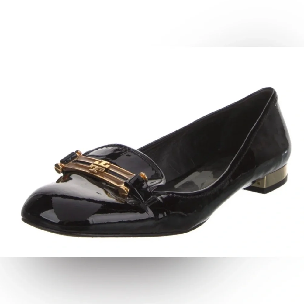Tory Burch. Black Patent Loafers w/Gold & Brown Buckle. Size 9.5.