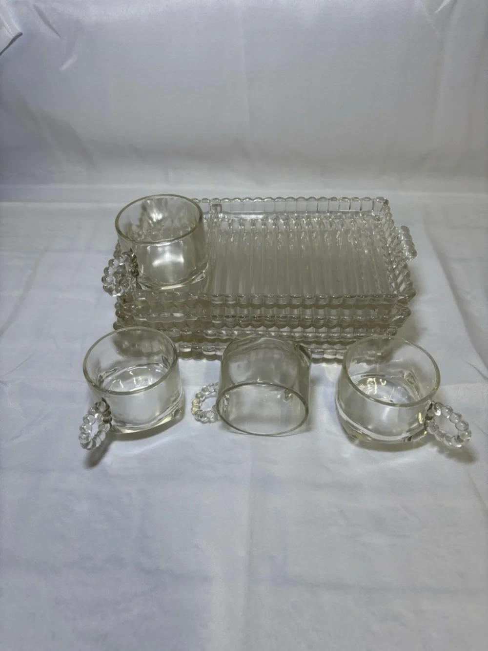 Set of 4 Vtg Hazel Atlas Glass Snack Luncheon Plates Sip And Smoke Ball & Rib