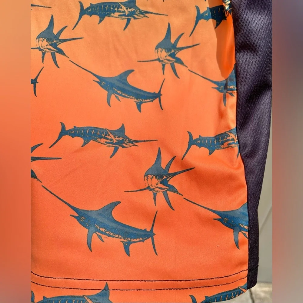 Guy Harvey Marlin Bimini Blast Orange Blue Long Sleeve Rash Guard Shirt Size S
