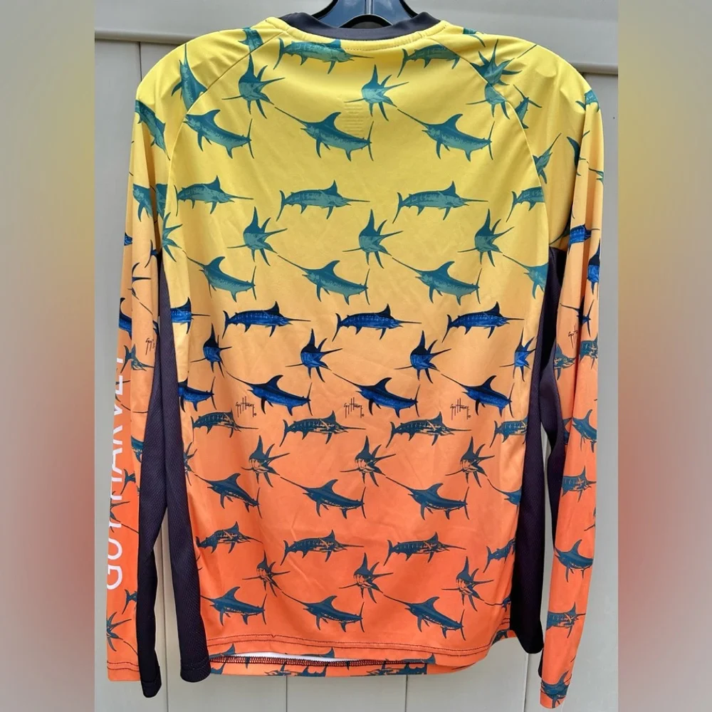 Guy Harvey Marlin Bimini Blast Orange Blue Long Sleeve Rash Guard Shirt Size S
