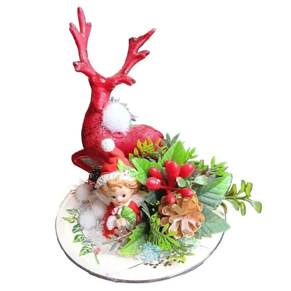 Christmas Holiday Pixie Figurine Winter Red Reindeer Angel Holly Berry Floral‎