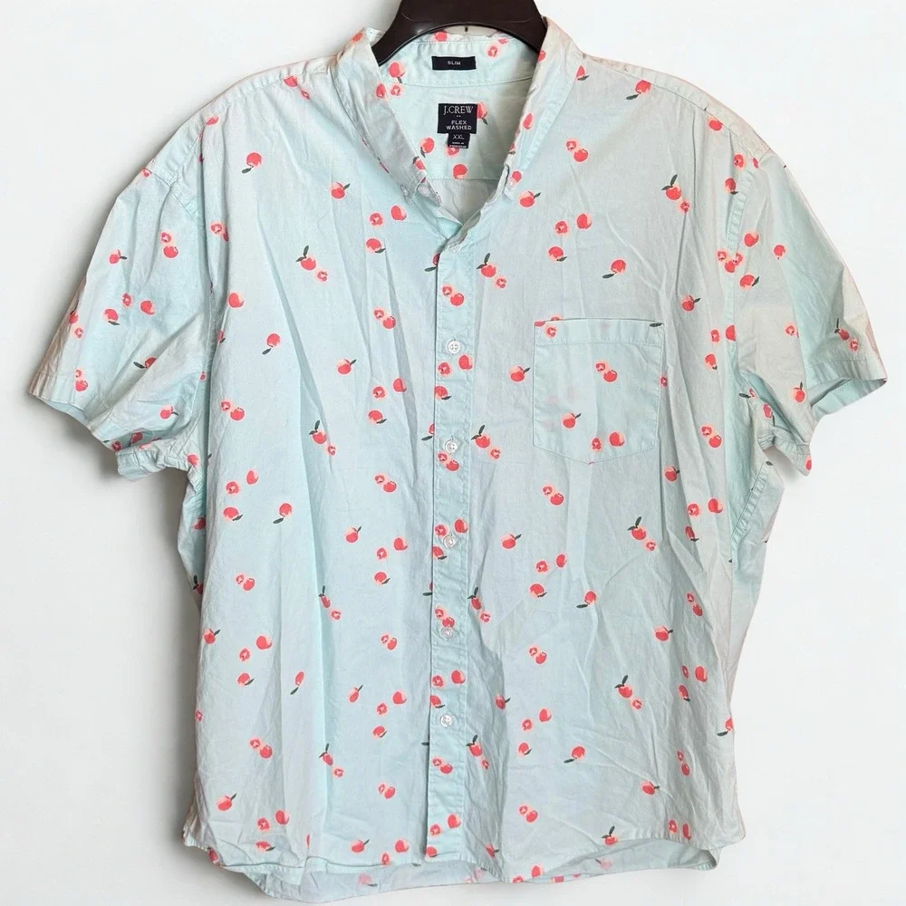 J.Crew Men's Shirt XXL Blue Cherry Print Slim Fit Short‎ Sleeve Resort Preppy
