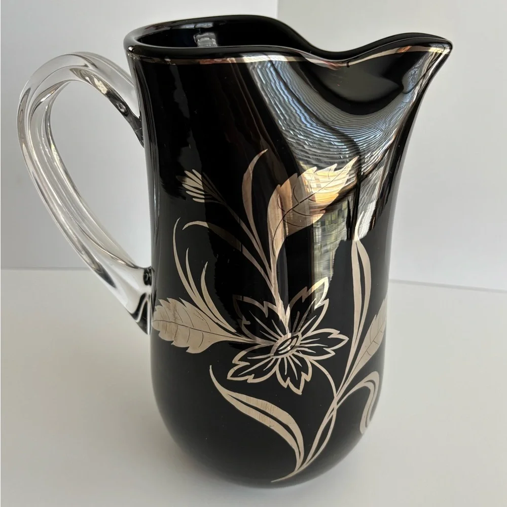 Black Glass Floral Pitcher Silver Etched Flowers Clear Handle Vintage