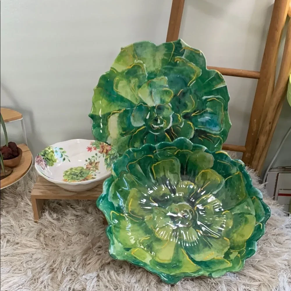 Pier 1‎ Imports Green Succulent Cactus Melamine Serving Bowl, Tray & Small Bowl