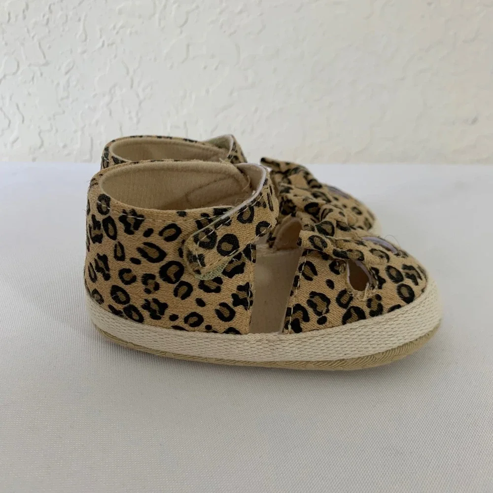 PatPat Leopard Print Sandals Baby Girls 5 Brown‎ Bow Espadrille Safari Chic Soft