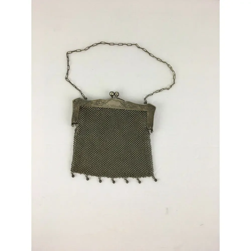 Antique Signed‎ German Silver Mesh Purse Bag Ornate Frame Dangles NB Co Flapper