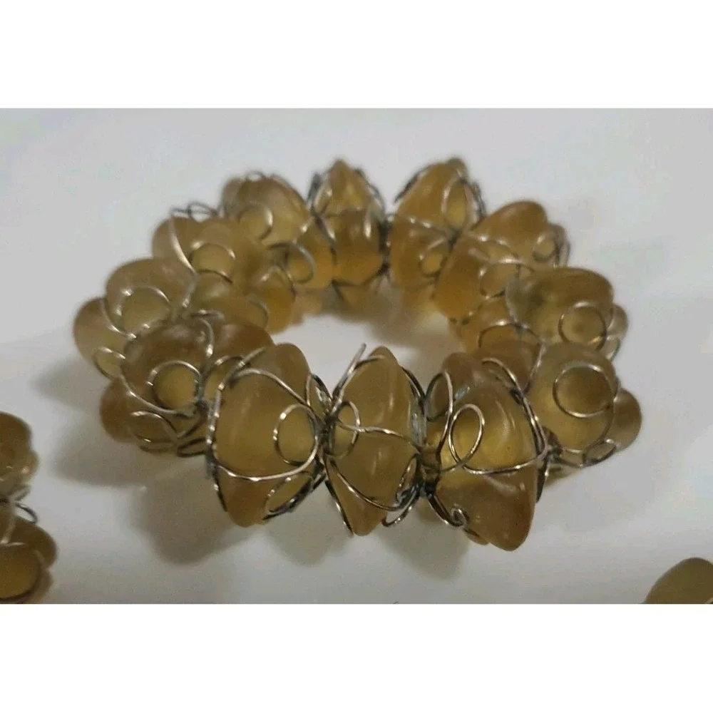 Vintage Yellow‎ Beige Stone and Wire Napkin Rings set of 8 Abstract Bohemian