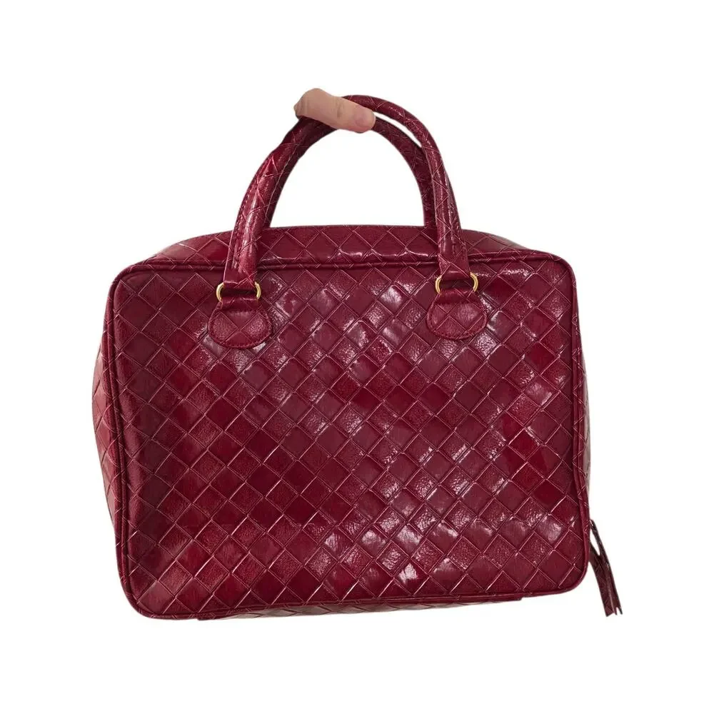 Estee Lauder‎ Red Leather Quilted Rectangular Classic Makeup Cosmetics Bag