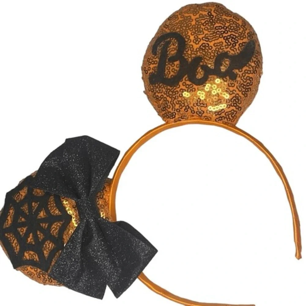 Disney Kids Halloween Minnie‎ Mouse Ears Orange Sequin Spiderweb Boo Glitter Bow
