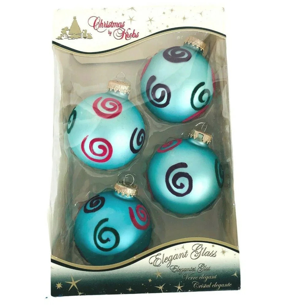 Christmas By Krebs‎ Glass Ornaments Turquoise Blue With Flock Design 4 In Box