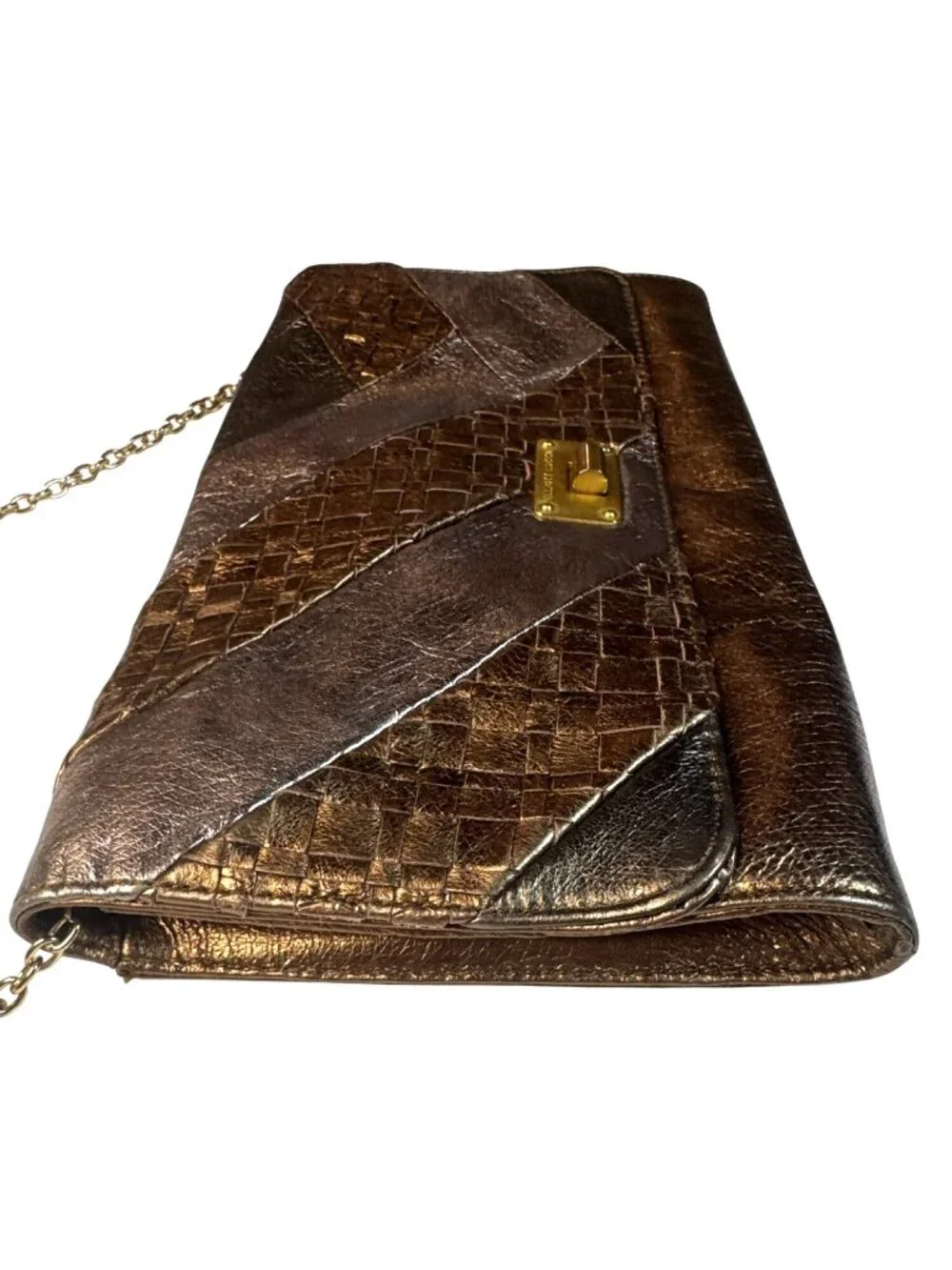 Elliott Lucca Metallic Bronze Woven Leather Chain Clutch Crossbody Bag 11