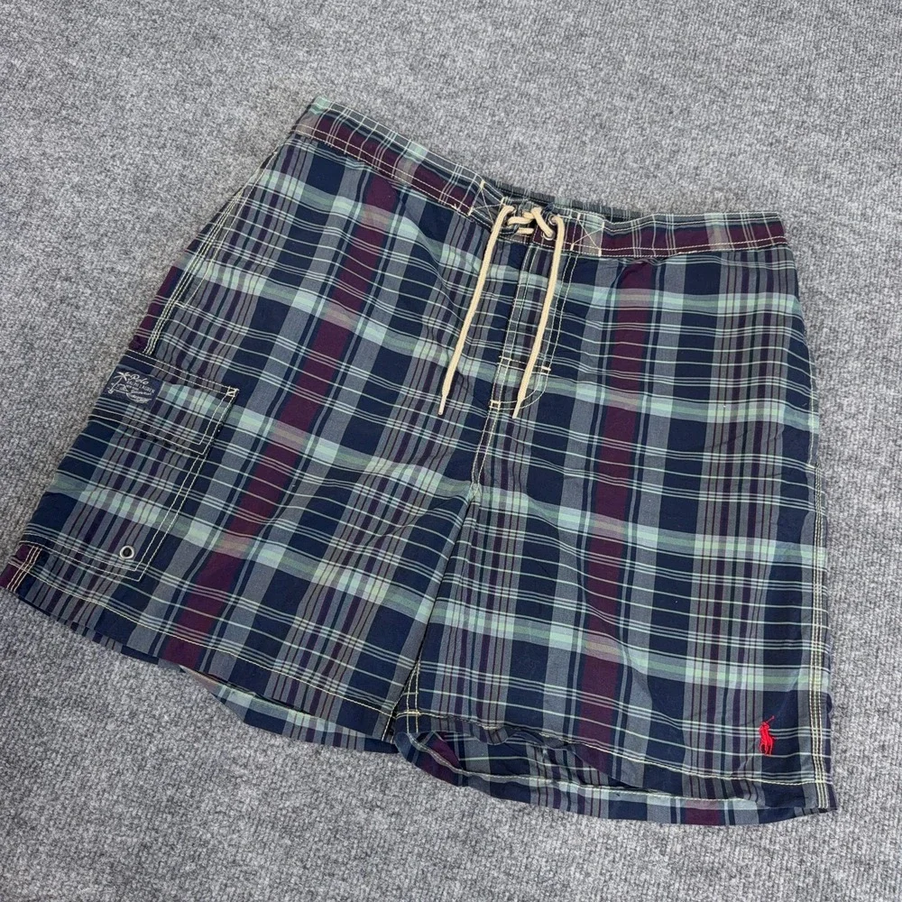 Vintage Polo Ralph Lauren Swim Trunks Mens Large Navy Blue Plaid Beach Swimwear