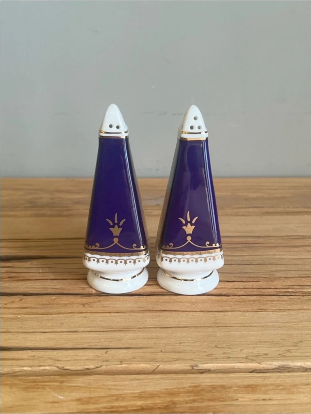 Blue and Gold Ceramic Salt & Pepper Shakers-Vintage