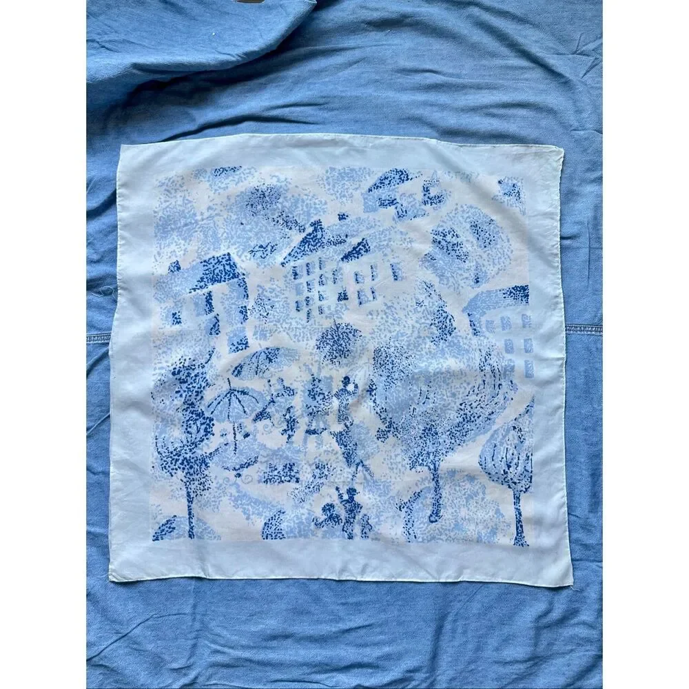 French Country Cottagecore Blue Toile Scenic Square Scarf Parisian Romantic 25.5